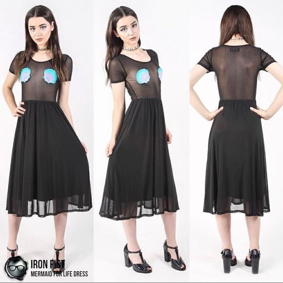 IRON FIST/DOLLS KILL MERMAID FOR LIFE LAYERED MESH DRESS IN BLACK HALLOWEEN MIDI - Picture 6 of 16
